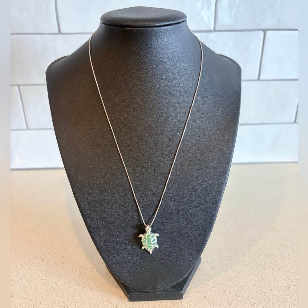 Green Jade Turtle Pendant Necklace in Sterling Silver